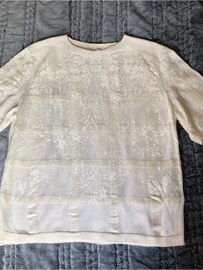 Lafayette 148 New York ivory crewneck pullover, painted abstract motif, size XL